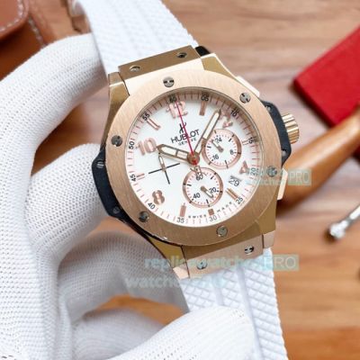 Replica Hublot Geneve White Dial Rose Gold White Perfume Rubber Strap 45mm Watch